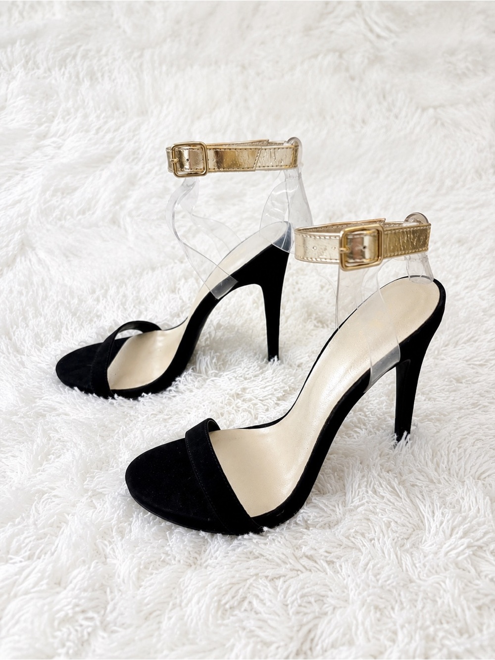 Gold Ankle-Strap Black Suede High Heel Sandals